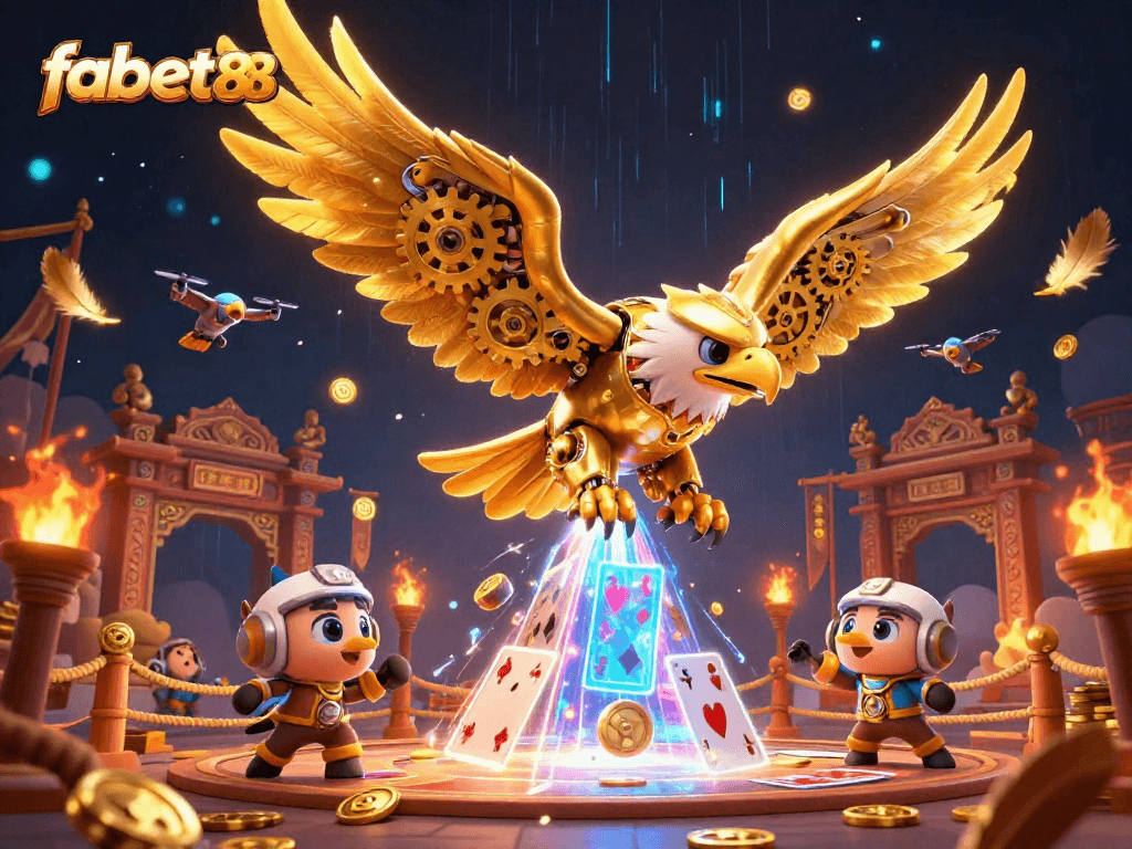 Engage in thrilling gameplay at fabet88, where a golden eagle dives through holographic cards amidst an electrifying casino atmosphere.