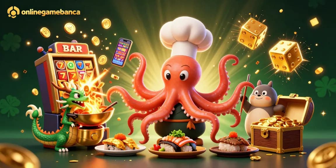 Win big at onlinegamebanca with exciting slot machines and vibrant casino elements in a colorful scene.