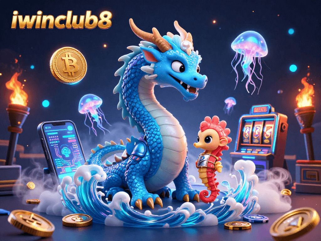 Engage with iwinclub8's vibrant water dragon and seahorse knight in a thrilling crypto casino scene.