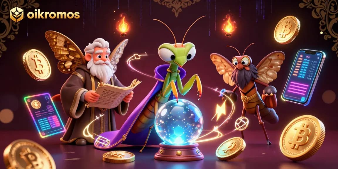 Engage with the magical realm of oikonomos featuring a fortune teller surrounded by crypto elements.