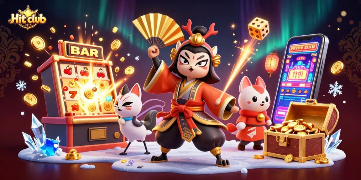 Hit club illustration depicting a kabuki warrior surrounded by casino elements and festive icons.