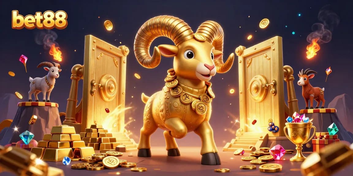 Bet88’s thrilling 3D golden ram charging through a treasure-filled casino scene with overflowing riches.