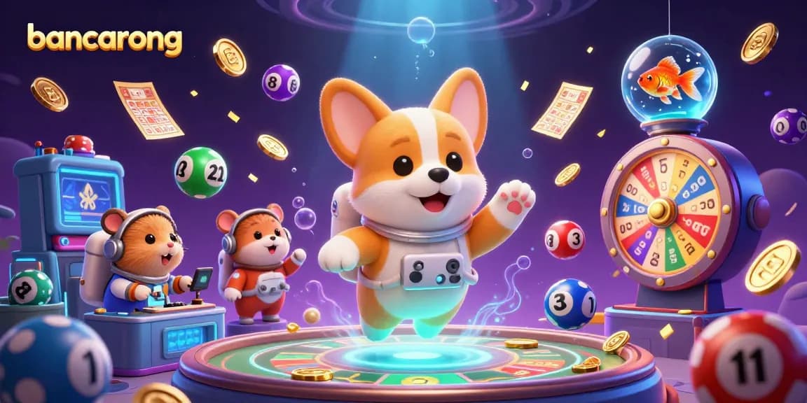 Bancarong's vibrant casino scene with an astronaut corgi amidst dynamic games and floating elements