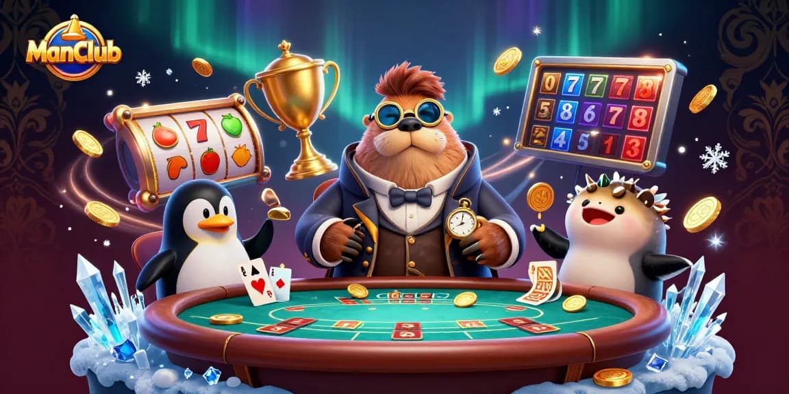 Experience thrilling gameplay at ManClub with a cartoon walrus playing poker in an underwater casino scene.