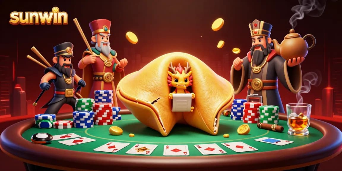 Play exciting games at sunwin with a giant golden fortune cookie revealing treasures, poker chips, and vibrant casino elements.