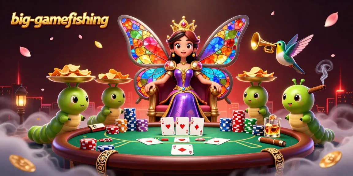 Engage in big-gamefishing with a vibrant casino scene showcasing poker elements and enchanting characters.