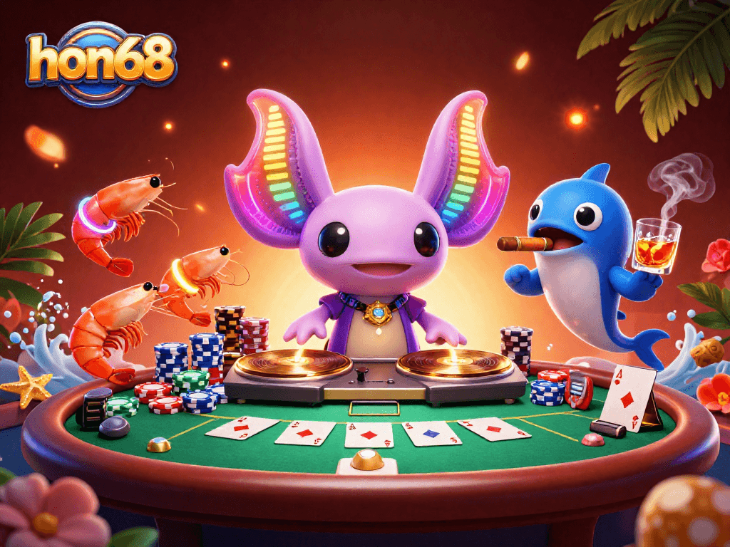 Engage in thrilling adventures at hon68, with vibrant axolotl DJ and lively casino elements.