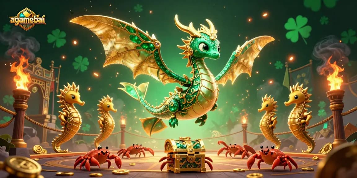 Experience the thrilling action of agamebai with an emerald dragon and golden treasures in a vibrant casino illustration.