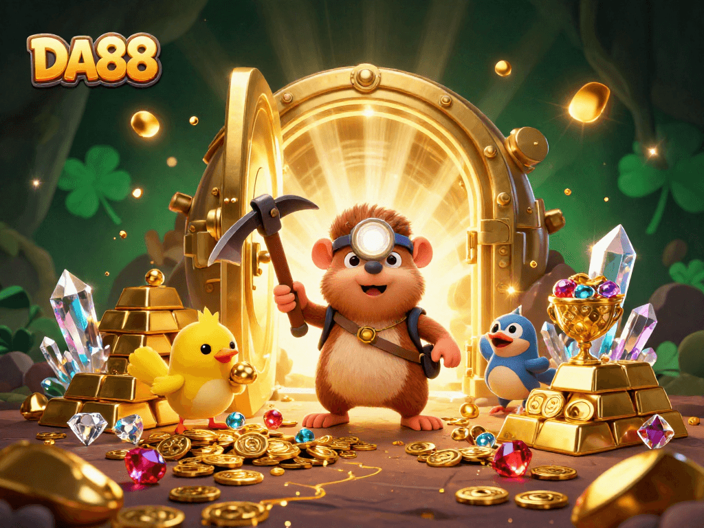 Experience DA88's thrilling adventure with a treasure hunting mole amidst a sparkling casino landscape.