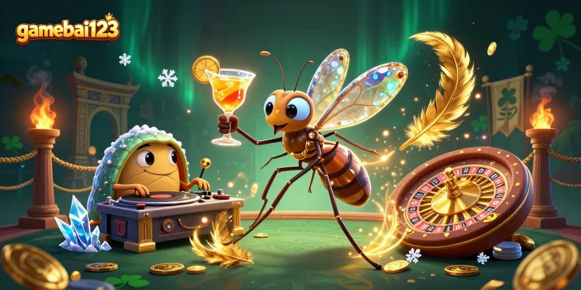Engage with the vibrant gamebai123 scene featuring lively casino characters and rich golden elements.