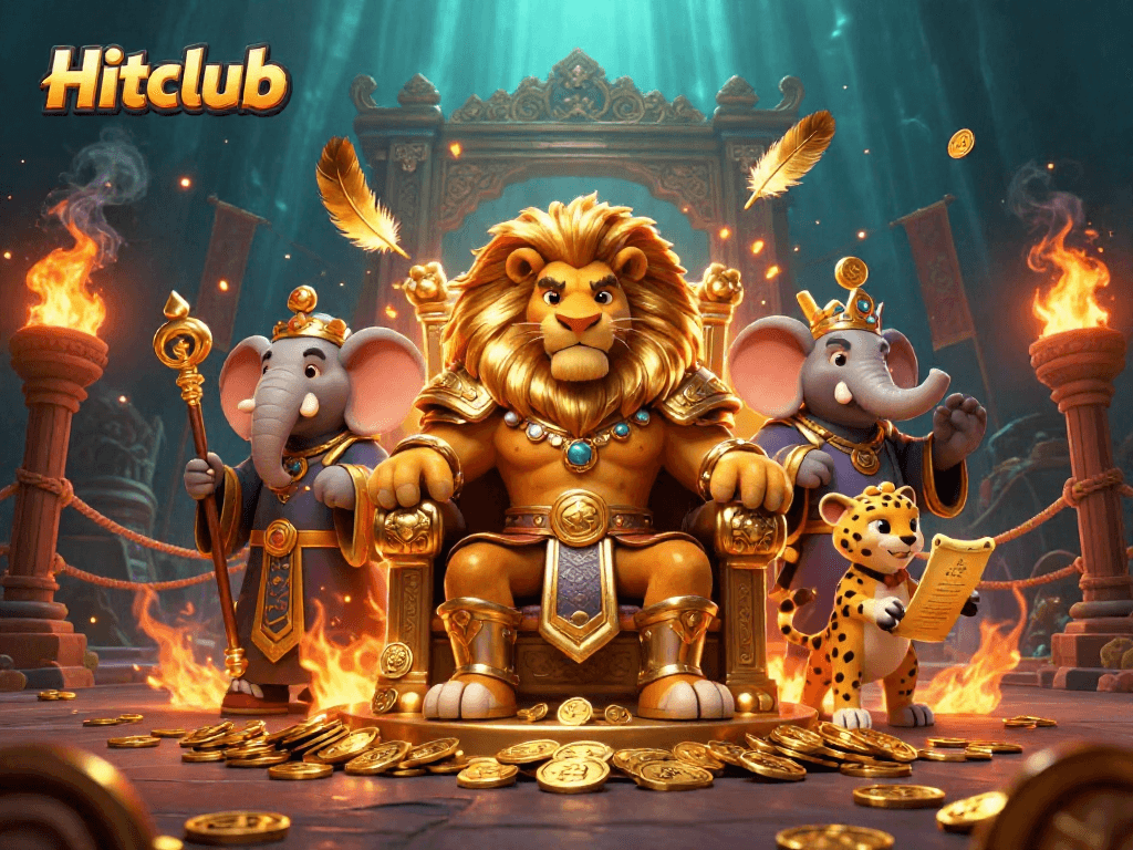 Engage thrillingly with Hitclub's dynamic casino scene featuring lion king, elephant advisor, and cheetah messenger.