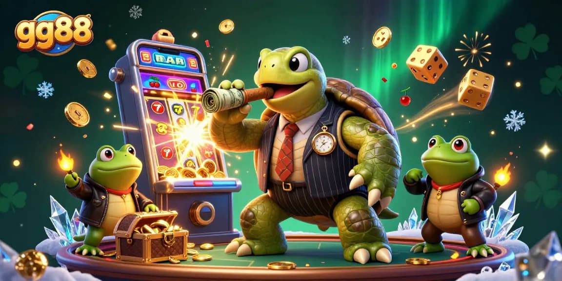 Experience excitement at gg88 with a vibrant casino scene featuring a snapping turtle in a pinstripe suit and thrilling game elements.