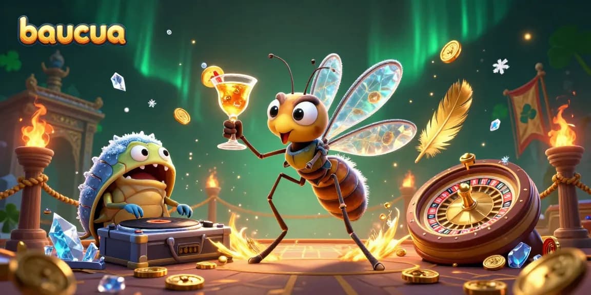 Experience the thrill of baucua with a dynamic casino mascot scene, showcasing vibrant characters and gaming elements.