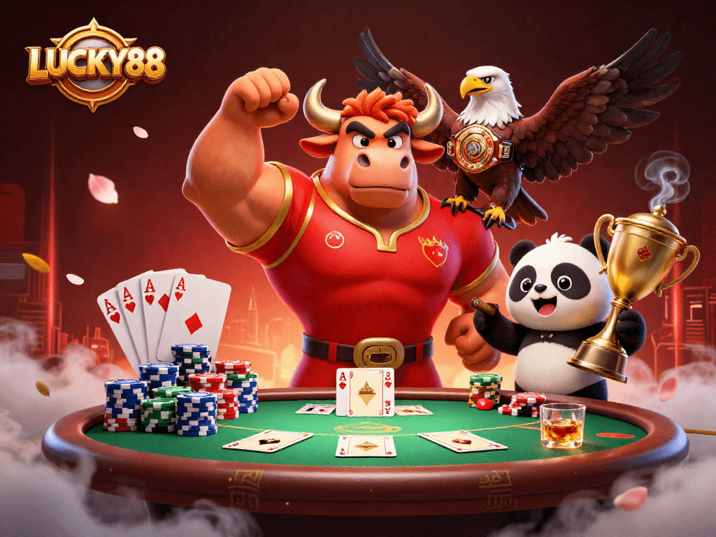 Engage with LUCKY88's thrilling gaming scene, showcasing a muscular bull and friends celebrating poker prowess.