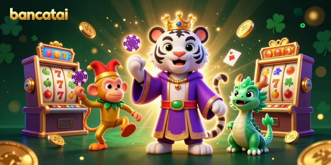 Experience the thrill with bancatai's vibrant slot machines and mascot characters in an enchanting scene.