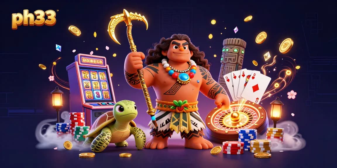 Spin to win with ph33's vibrant casino scene featuring exciting games and gold coins.