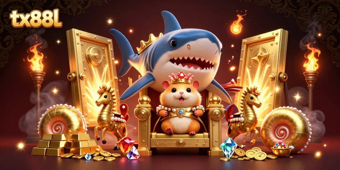 Engage with tx88l's unique online gaming experience featuring a majestic golden hamster king and treasure elements.