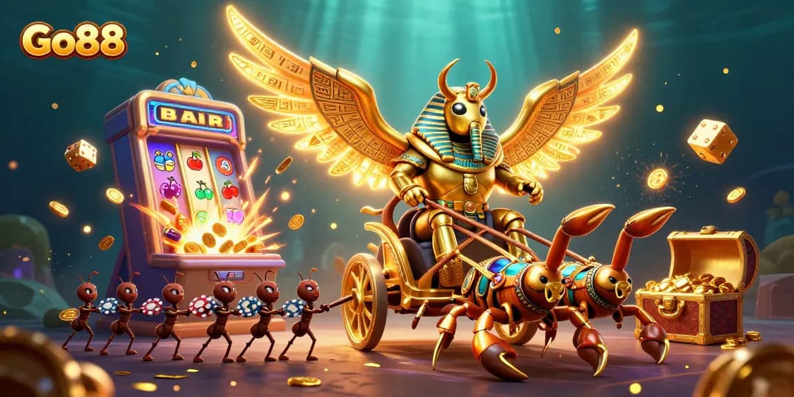 Experience the excitement of Go88 with the golden scarab beetle, jackpot slots, and casino elements.