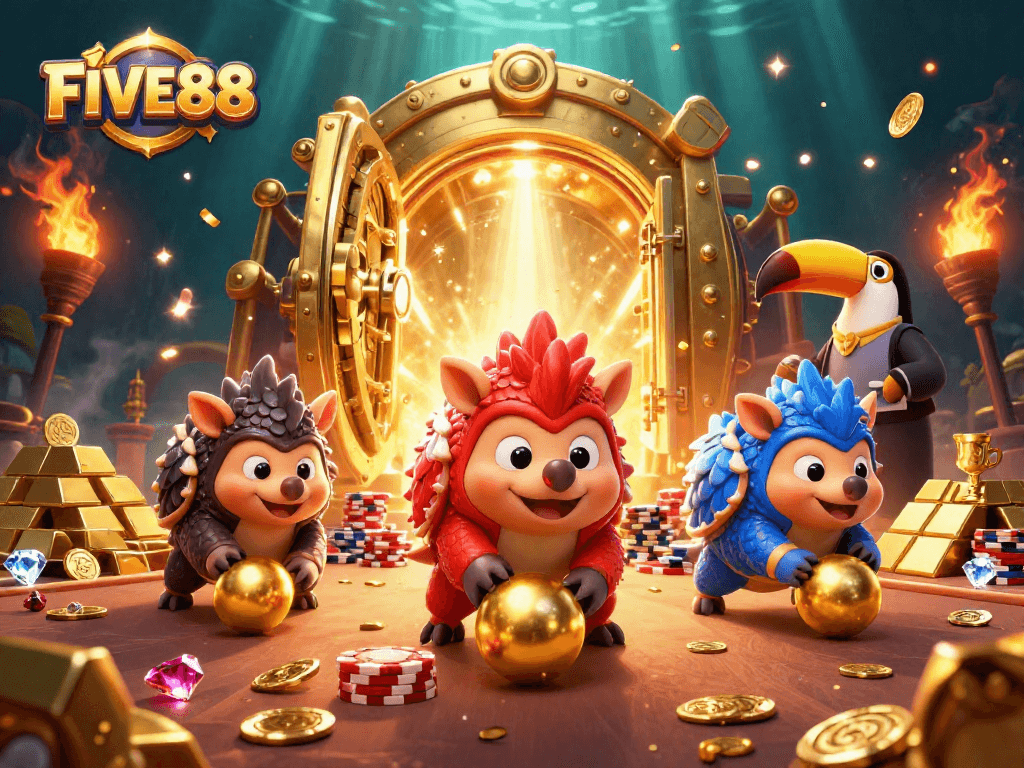 FIVE88's immersive gaming experience where rival pangolins compete amidst sparkling treasures.