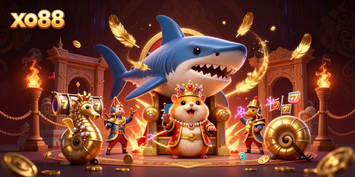 Experience thrilling moments at xo88 with a vibrant illustration of a golden hamster king in a dynamic casino arena.