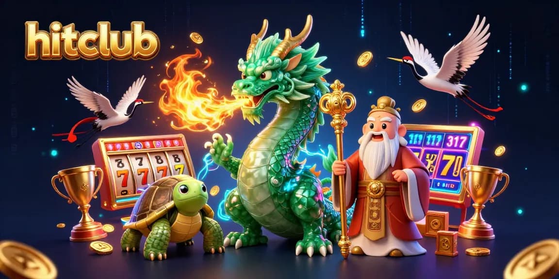Experience the excitement of hitclub with a vibrant 3D illustration of a jade dragon and lucky elements.