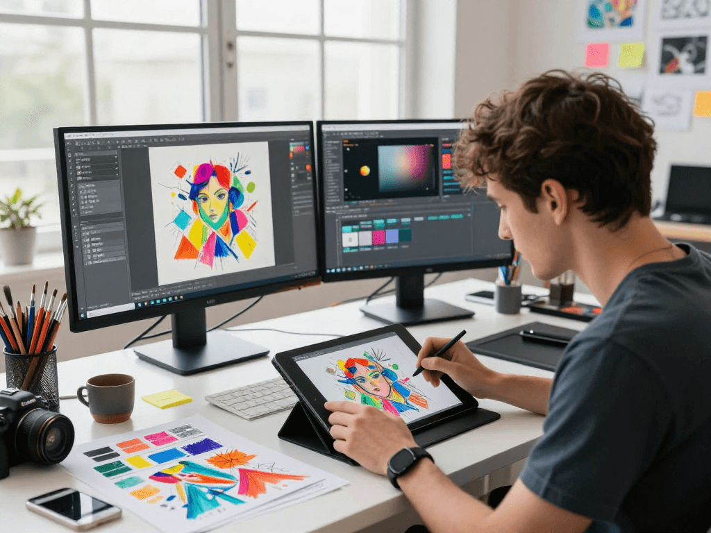 Innovative artist creating nsfw ai artwork in a bright digital studio