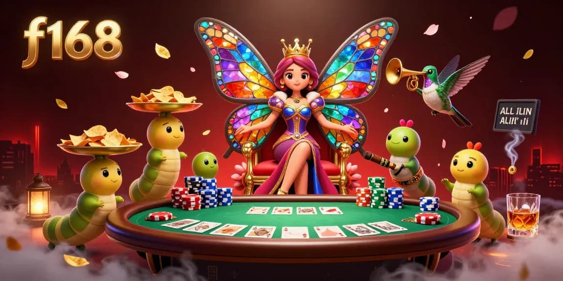 Engage with f168's vibrant casino scene featuring a butterfly queen and poker elements amidst dynamic visuals.