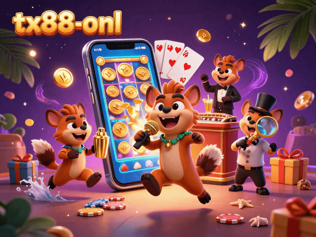 Experience laughter at tx88-onl with hyenas hosting a vibrant casino comedy night scene.