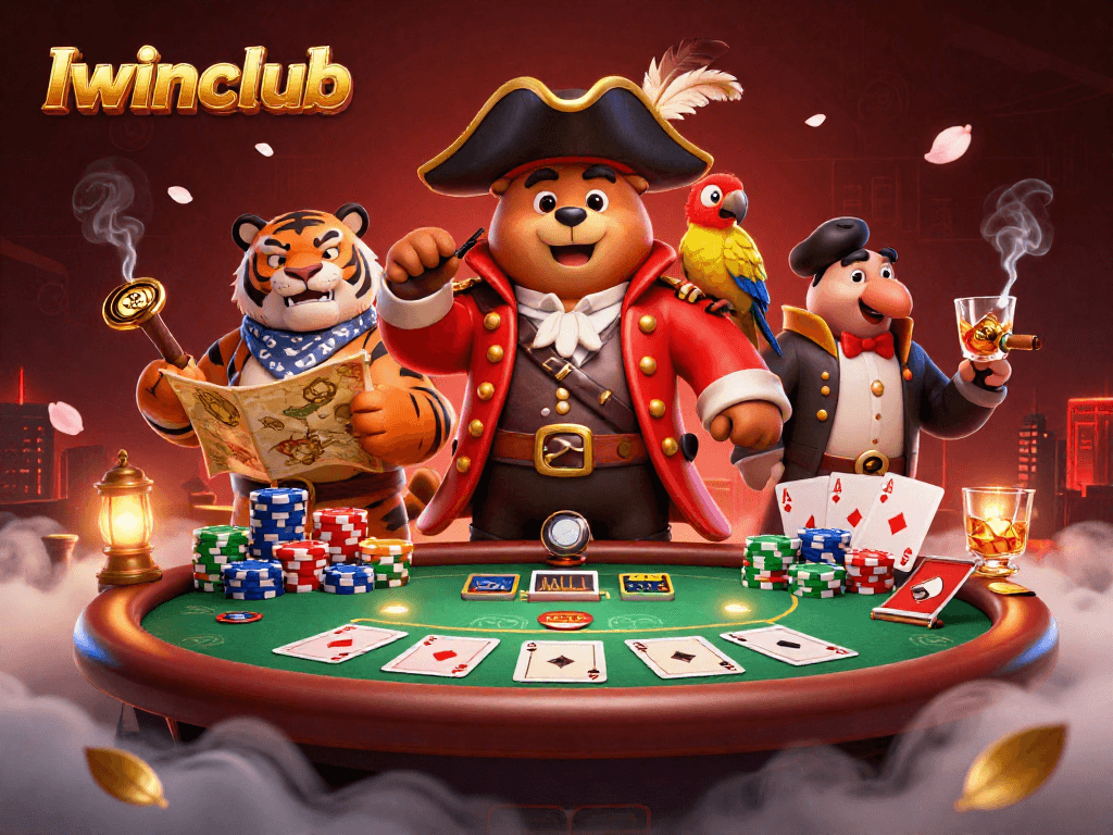 Iwinclub shows an exciting poker scene with a pirate captain bear and tiger first mate, creating a thrilling gambling atmosphere.