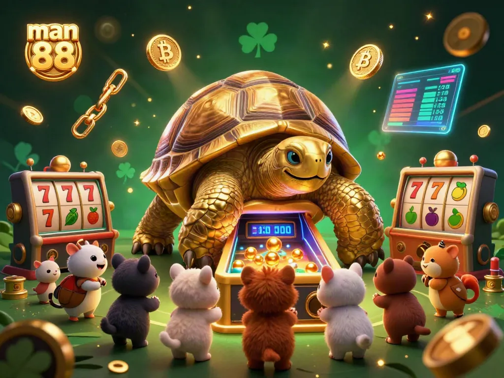 Experience man 88's vibrant casino scene, featuring a colossal golden tortoise pinball machine surrounded by excited animals.