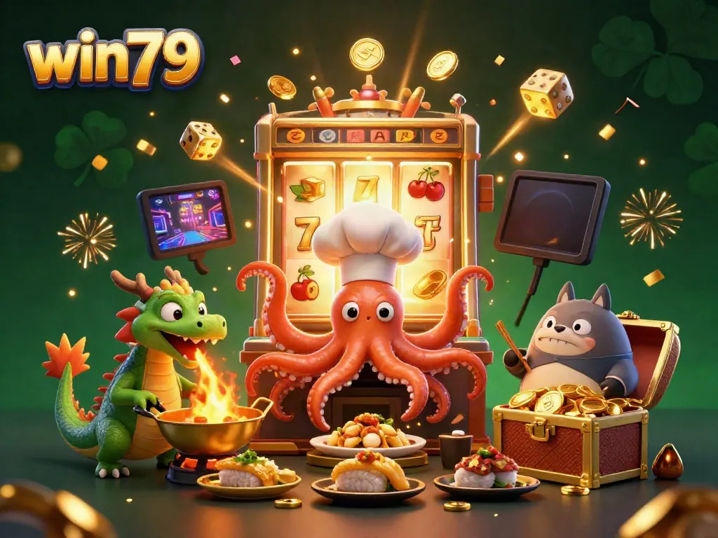 Engage with win79 at a vibrant casino scene featuring a cartoon octopus chef, dragon, and tanuki amidst slot machine excitement.