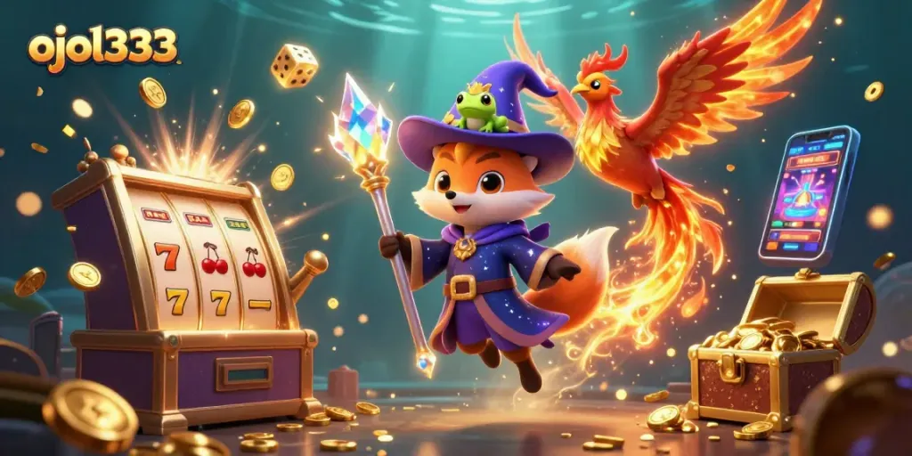 Engage with ojol333 in a vibrant casino adventure filled with golden jackpots and mystical characters.