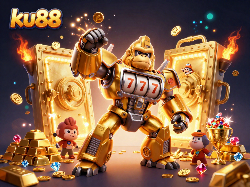 Experience big wins with ku88 in a thrilling 3D casino adventure featuring golden gorilla mech.