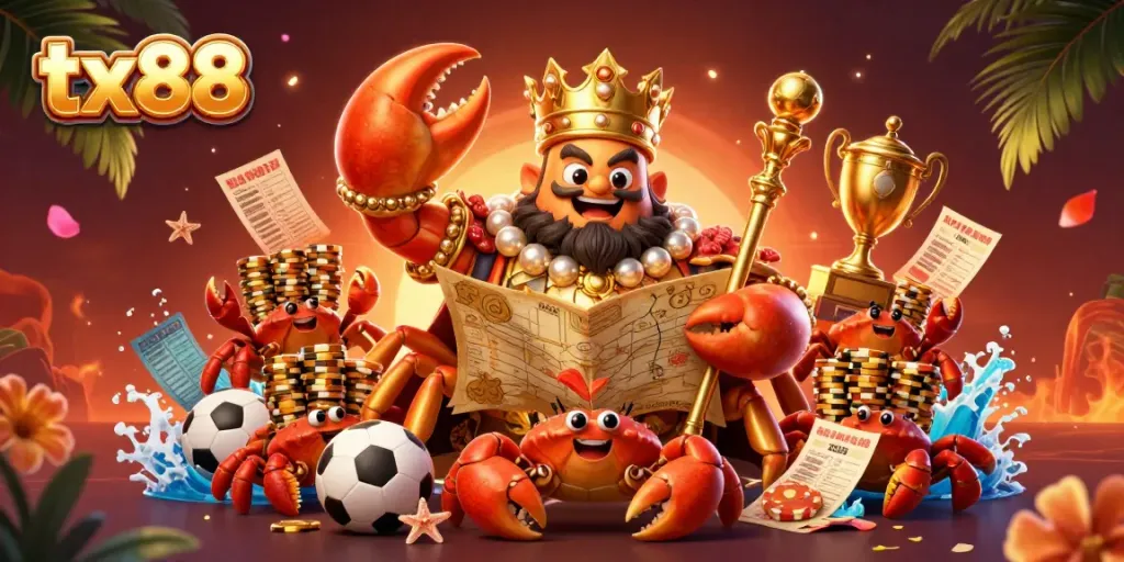 Experience the vibrant world of tx88 with a golden crab emperor amid sports betting excitement, showcasing top-tier gaming.
