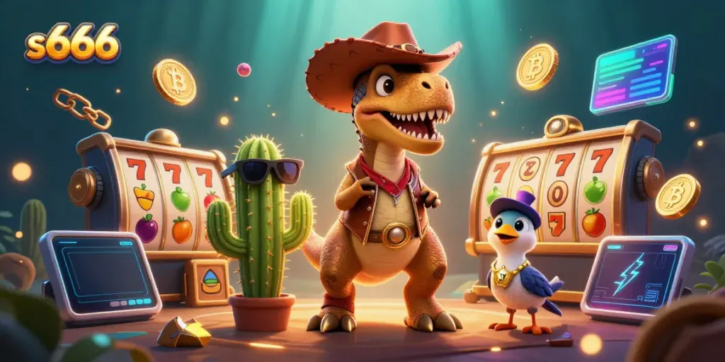 Hit the jackpot with s666 at this vibrant online casino illustration featuring exciting characters.