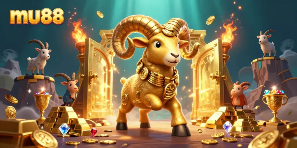Win big at mu88 with a 3D golden ram charging towards treasure, surrounded by stunning graphics.