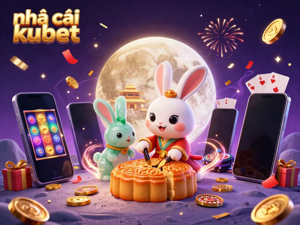 Experience the vibrant magic of nhà cái kubet with a lively illustration featuring moon rabbits and casino games.