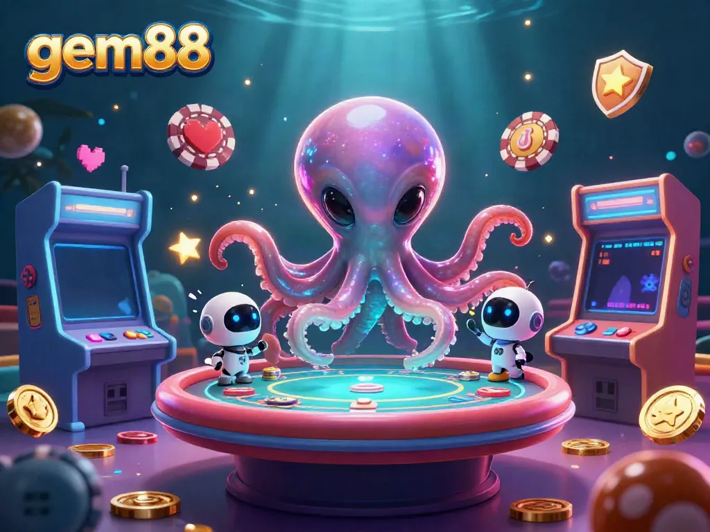 Experience gem88 with a vibrant alien octopus and robot at an exciting poker table, full of casino action.
