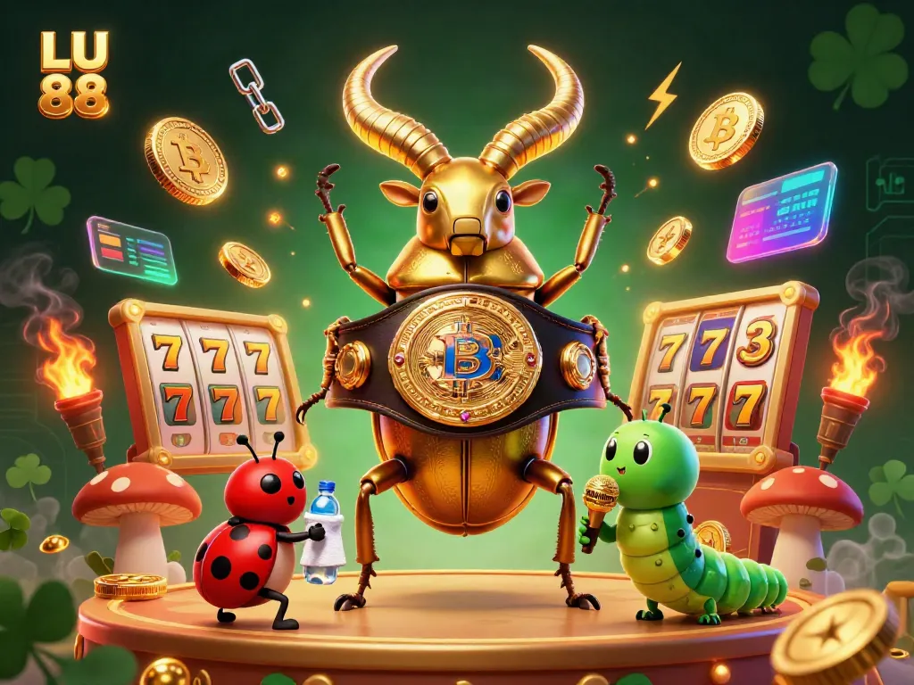 Engage with thrilling LU 88 gameplay featuring unique golden beetle boxing champion amidst vibrant slot machines.