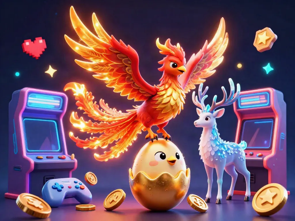 Experience the excitement of bay789, featuring a phoenix and mystical stag in this vibrant casino-themed scene.