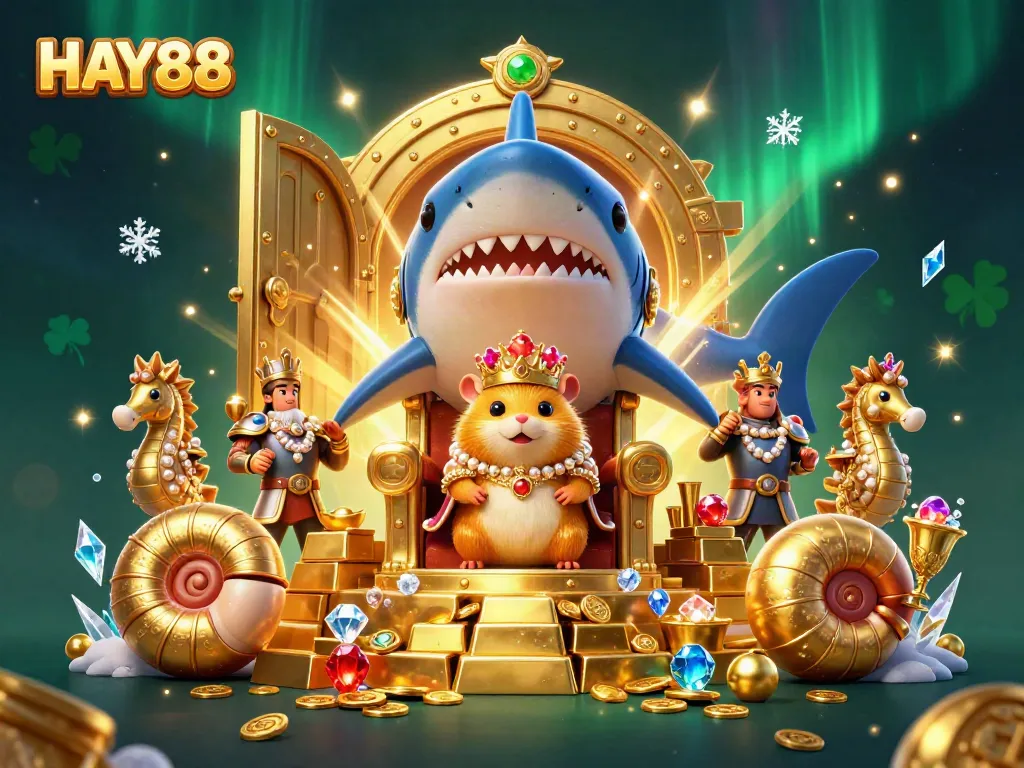 Engage with HAY88’s vibrant 3D casino kingdom, showcasing a golden hamster king amidst treasures.