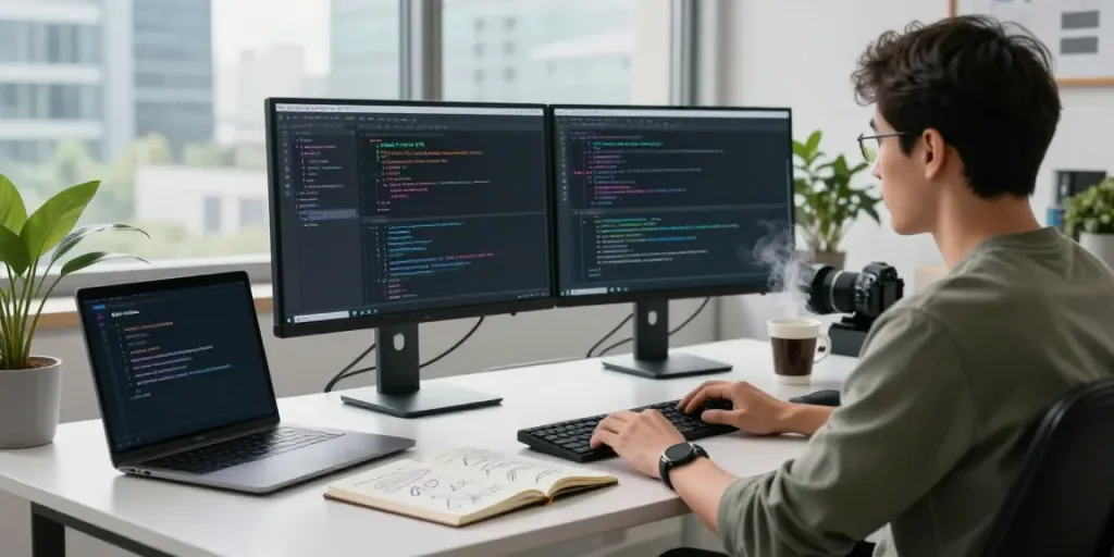Developer coding in a modern workspace, highlighting instant indexing tools on screens