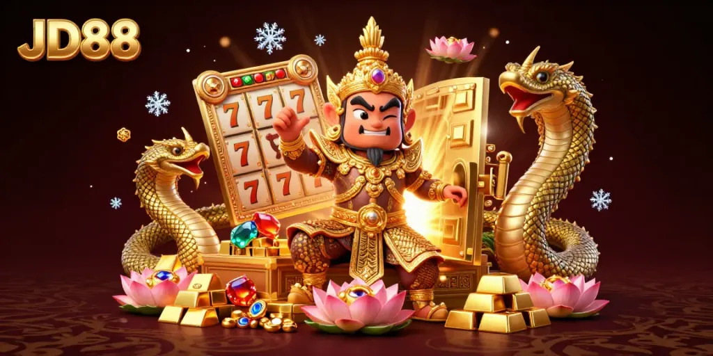 Experience the thrill of JD88 with vibrant 3D illustrations of a Thai temple guardian, jackpot slots, and gold treasures.