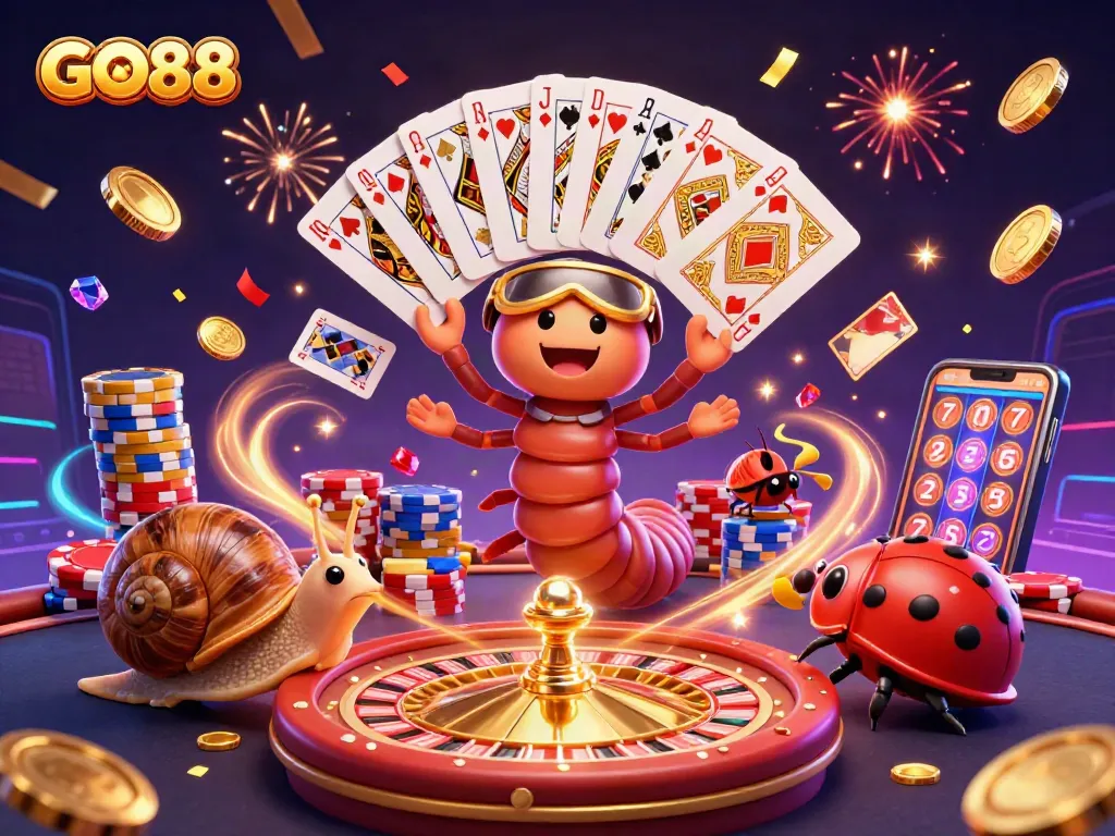 Engage with GO88's vibrant casino world featuring a millipede dealer and high-roller challenges.
