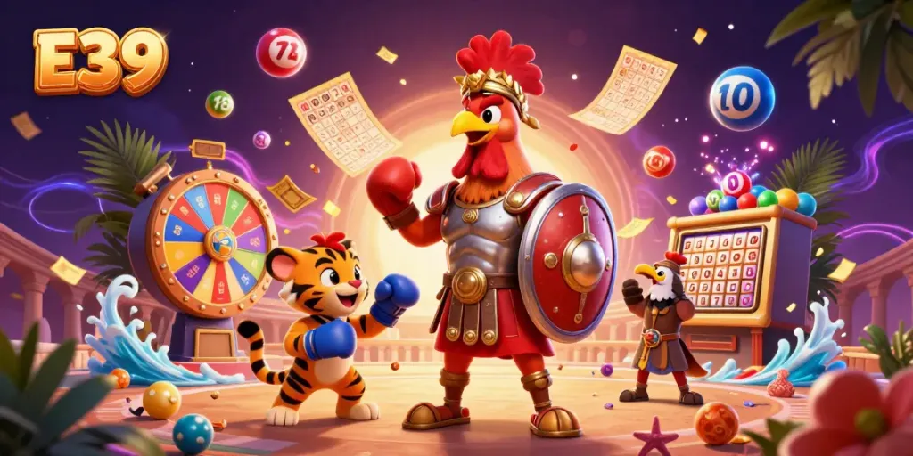 Experience thrilling E39 gaming with a gladiator rooster and vibrant casino elements.
