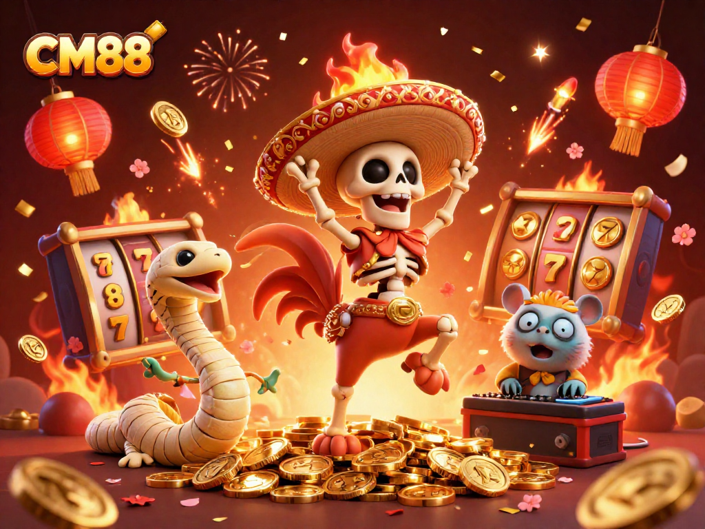 Experience the excitement of CM88 with a festive scene featuring a mariachi rooster and casino elements.