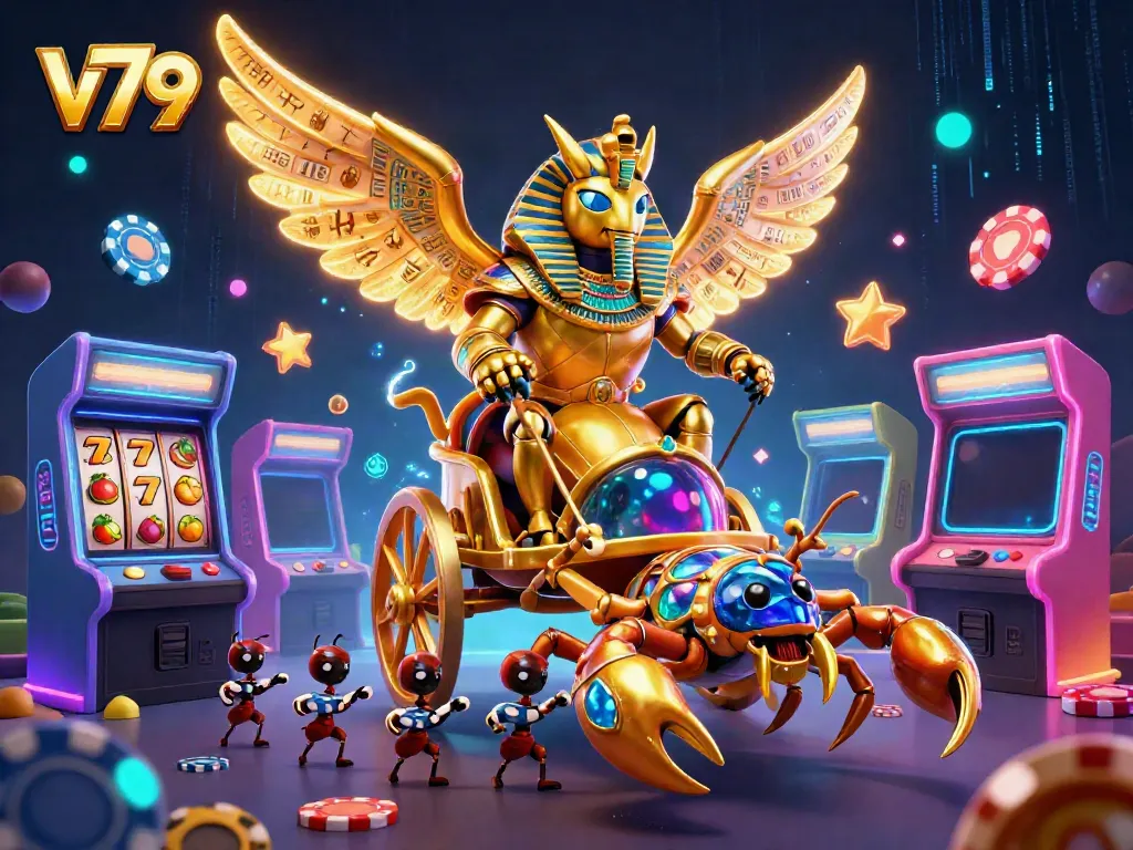 Engage with V79's gaming excitement featuring a golden scarab and vibrant casino elements.