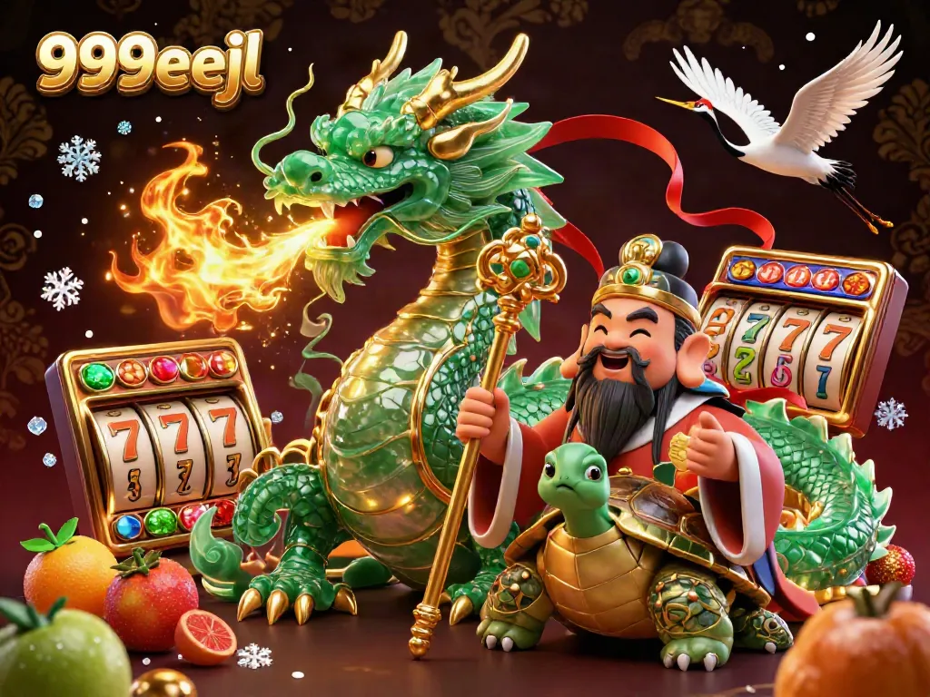Experience captivating gaming thrills with 999eejl as a vibrant emerald dragon and turtle sage illuminate slots and treasures.