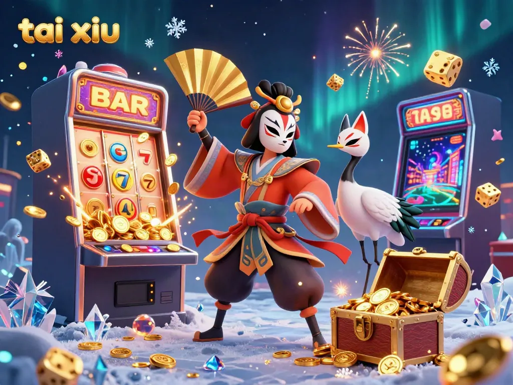 Experience the thrill of tai xiu with captivating characters and dynamic casino elements in this vibrant digital illustration.