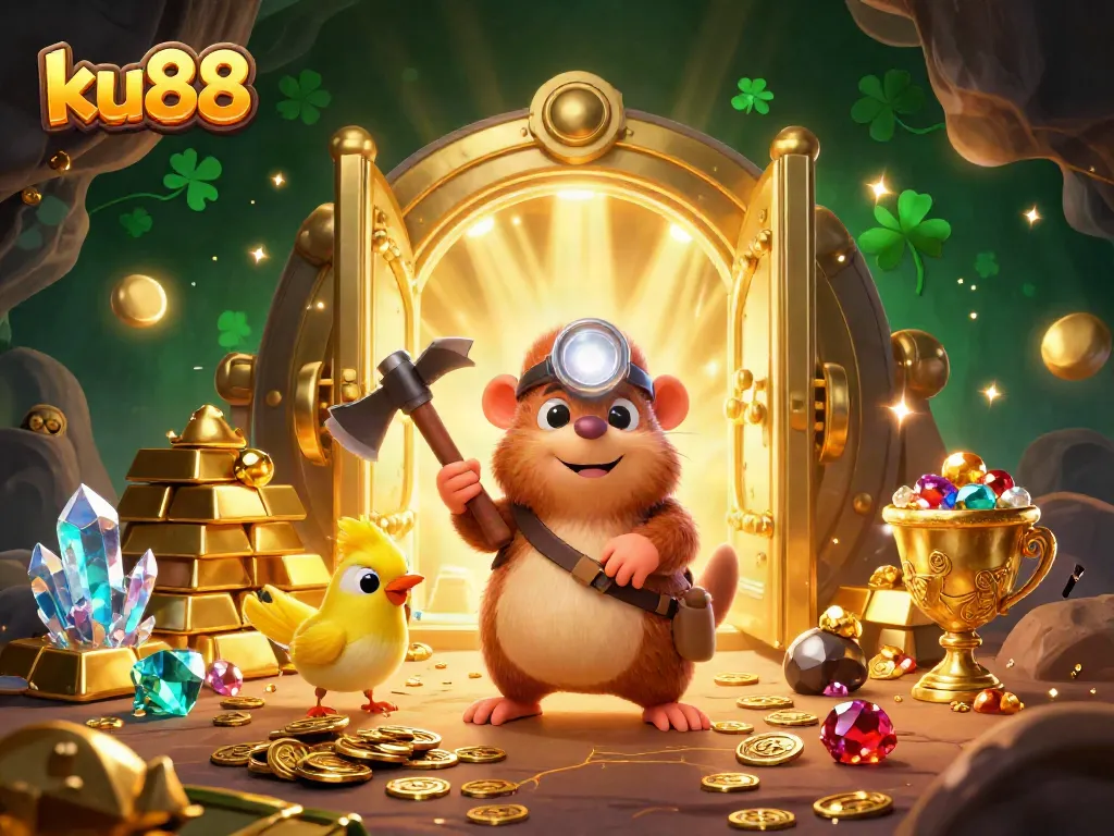 Join the excitement at ku88, where the treasure hunter mole discovers dazzling gems in an adventurous casino-themed scene.